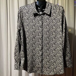 Madison Grey Floral Black & Cream Long Sleeve Blouse Collared Flowy Casual Sz L